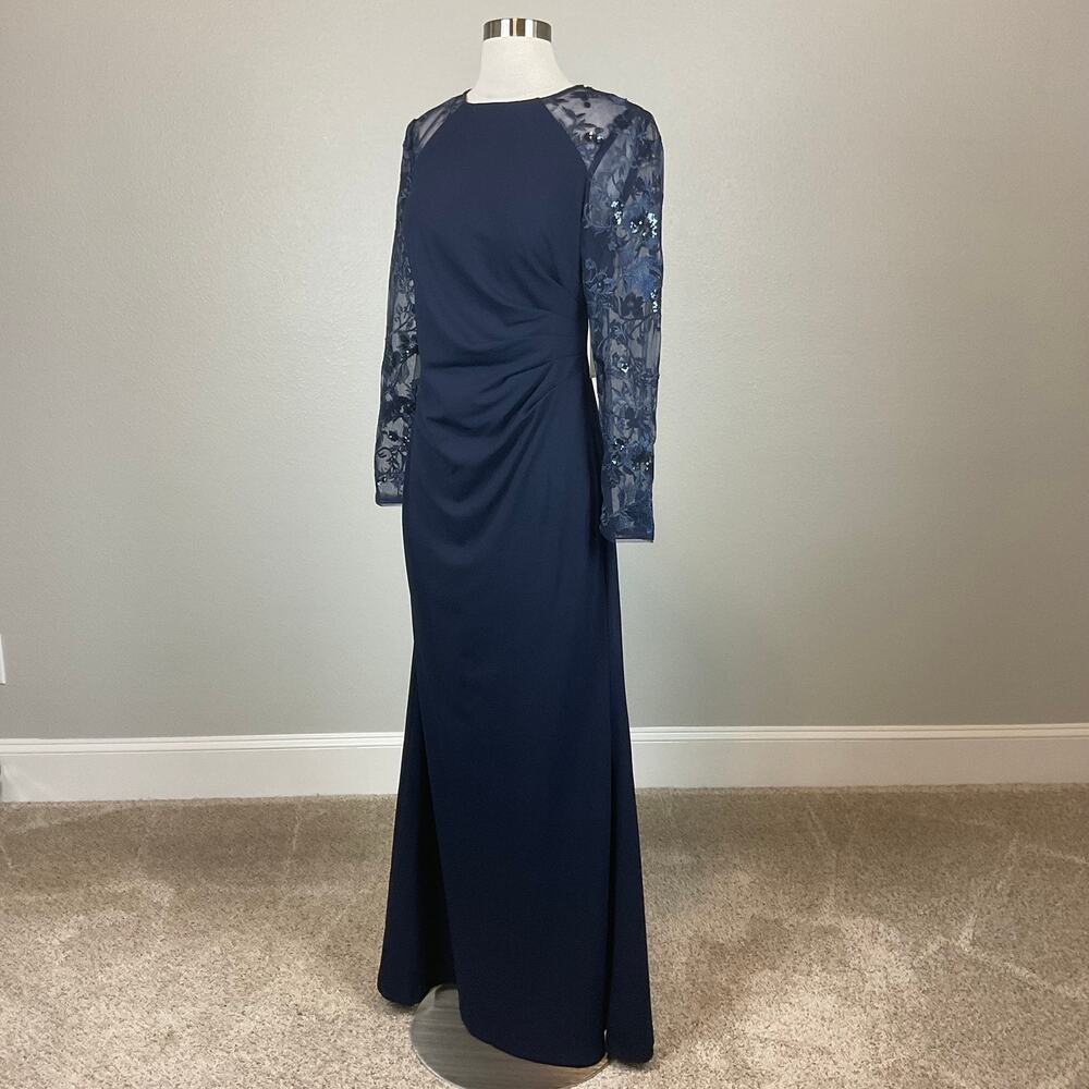 Eliza J Blue Evening Gown Sequined Lace Long Sleeve A-Line Formal Dress Size 14 - Picture 6 of 12